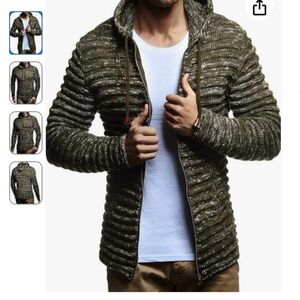 Leif Nelson Mens Knit Heavy Hooded Full Zip Cardigan Sweater Sz L Green Cotton